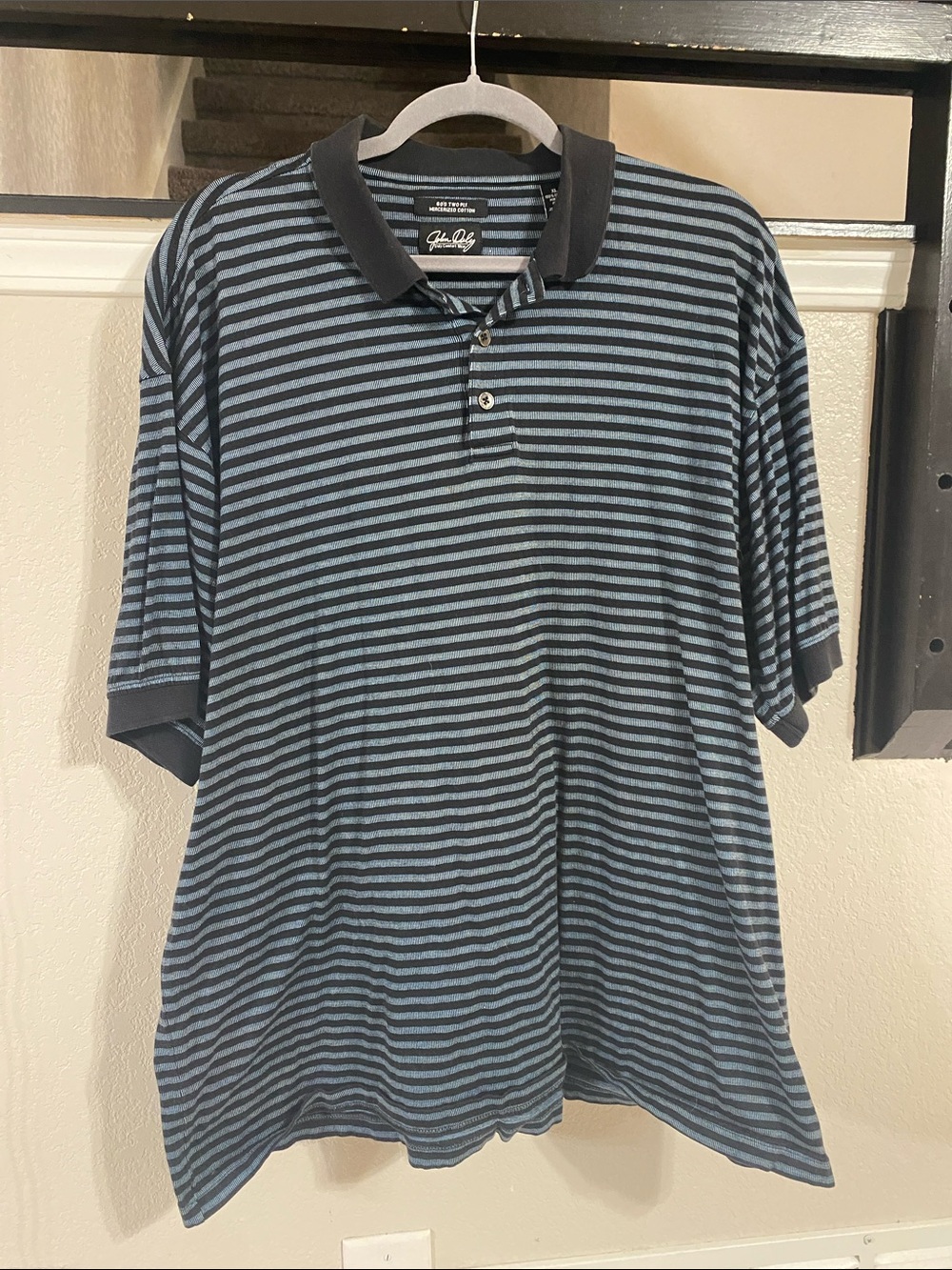 John Daly Navy and Blue Striped Golf Polo Shirt 100% Mercerized Cotton Size XL